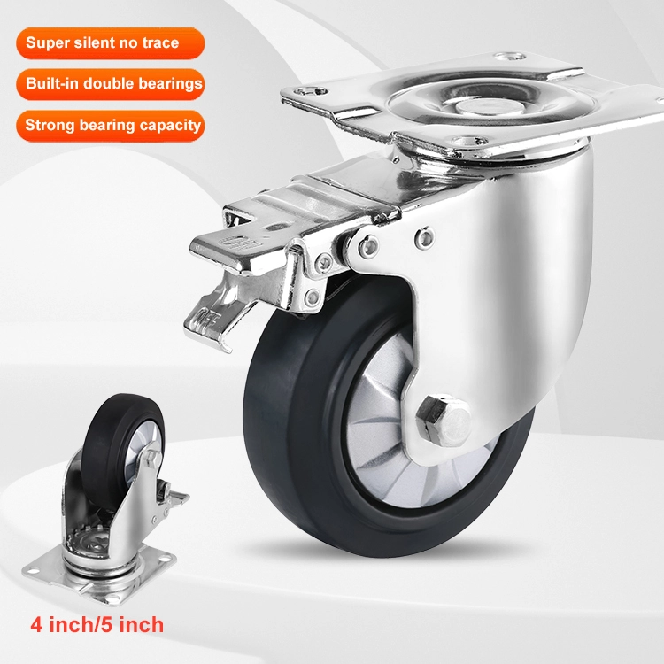 Black Double Ball Bearings Casters Wheel 4 Inch 100mm Mid-heavy Duty Hi-elastic Tpr Caster 1