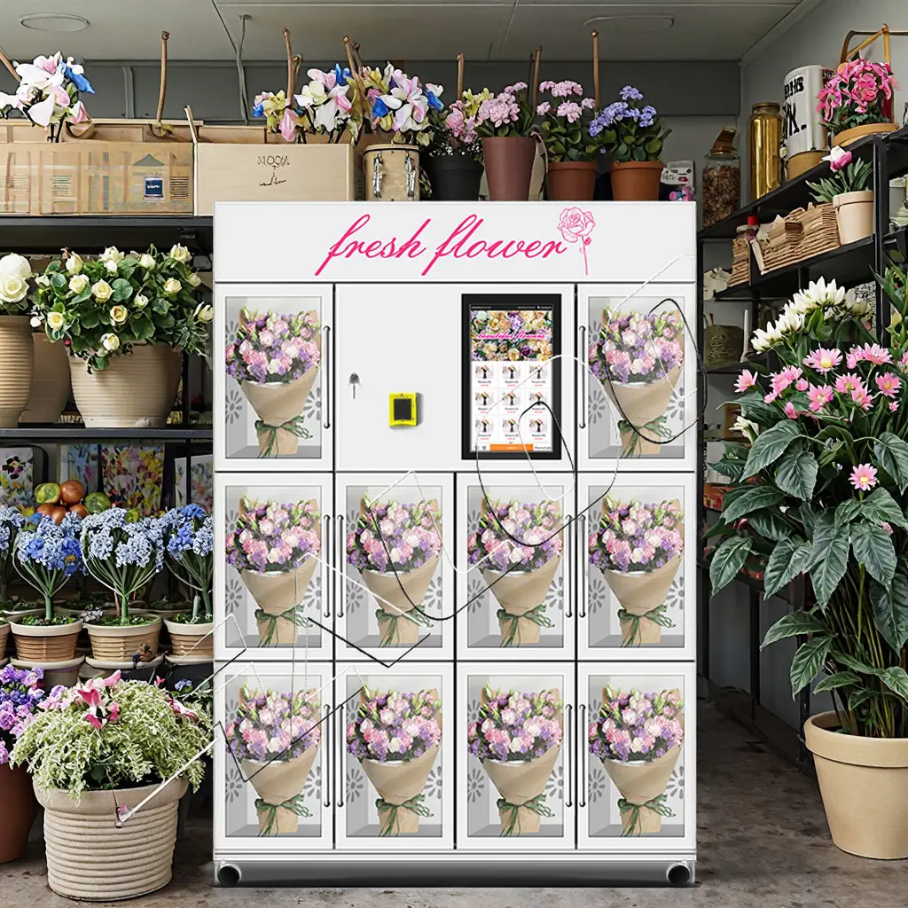 مورد آلة بيع هالو زجاج مزدوج الطبقة مضاد للضباب من الفولاذ المقاوم للصدأ أوتوماتيكي بالكامل 10 شبكة آلة بيع الزهور 1