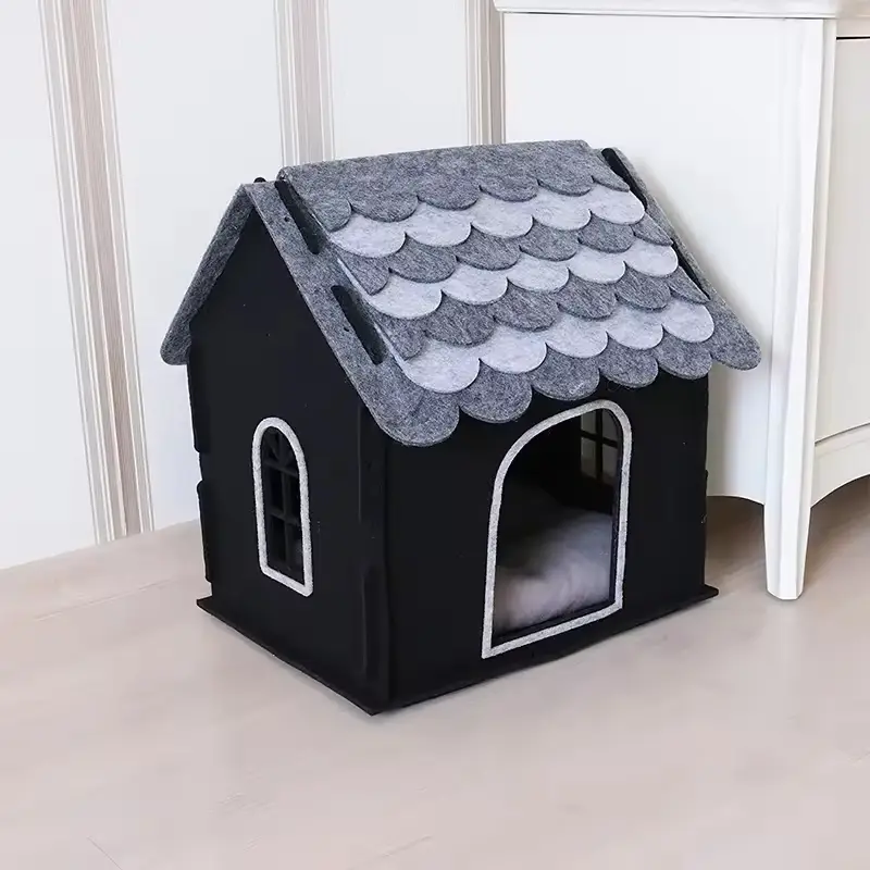Kattenhuisje in de vorm van een hut, geschikt voor binnen en buiten, gemaakt van slijtvast en gripvast PET-materiaal. 1