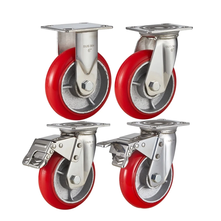 4 5 6 8 Inch Stainless Steel Red Pu Heavy Duty Furniture Caster Wheel Swivel Trolley Cart Casters With Brakes 1