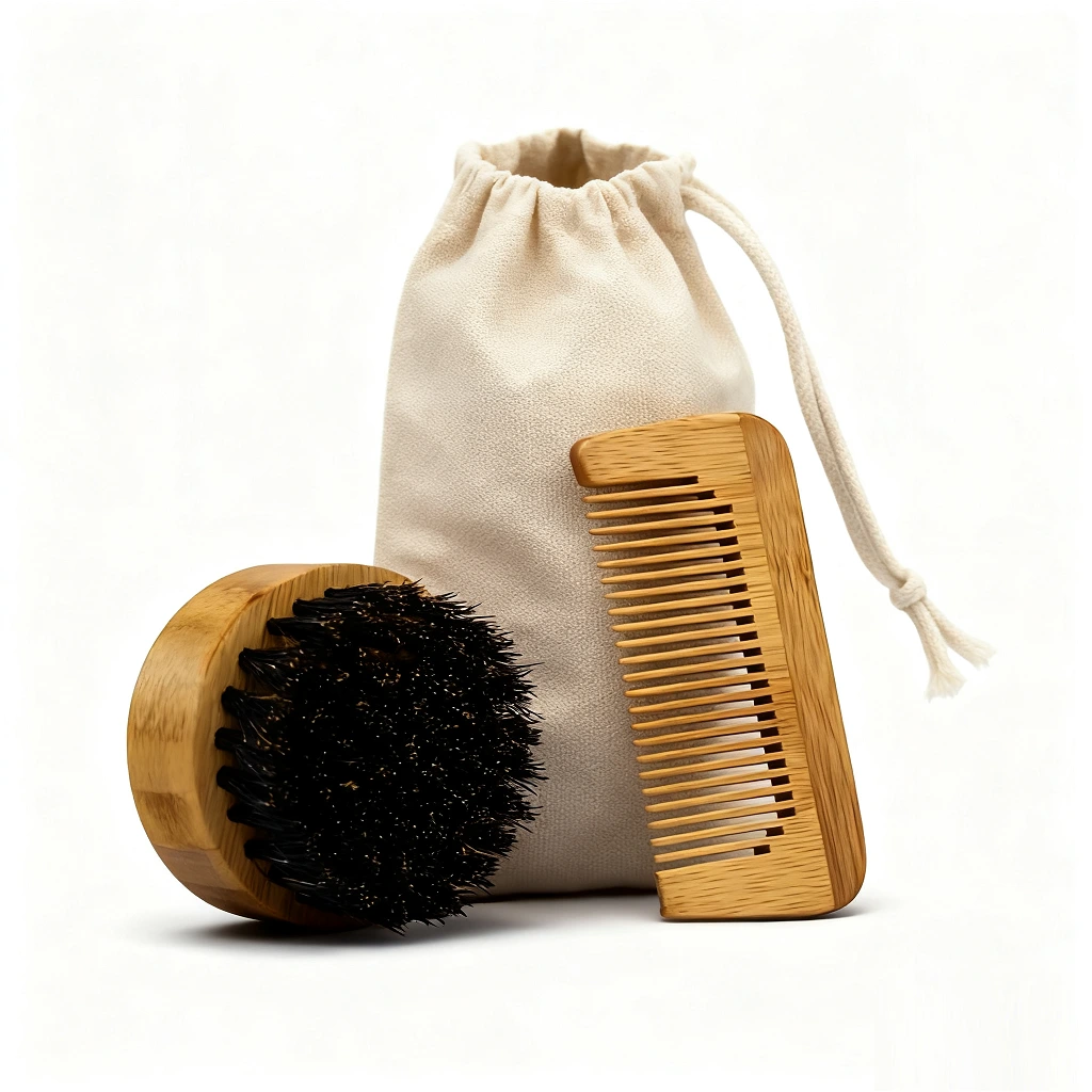 Oem Private Label Men's Wooden Beard & Mustache Brush Boar Bristle Hair Growth Comb Kit Natural Boar Bristles & Premium Wood 1