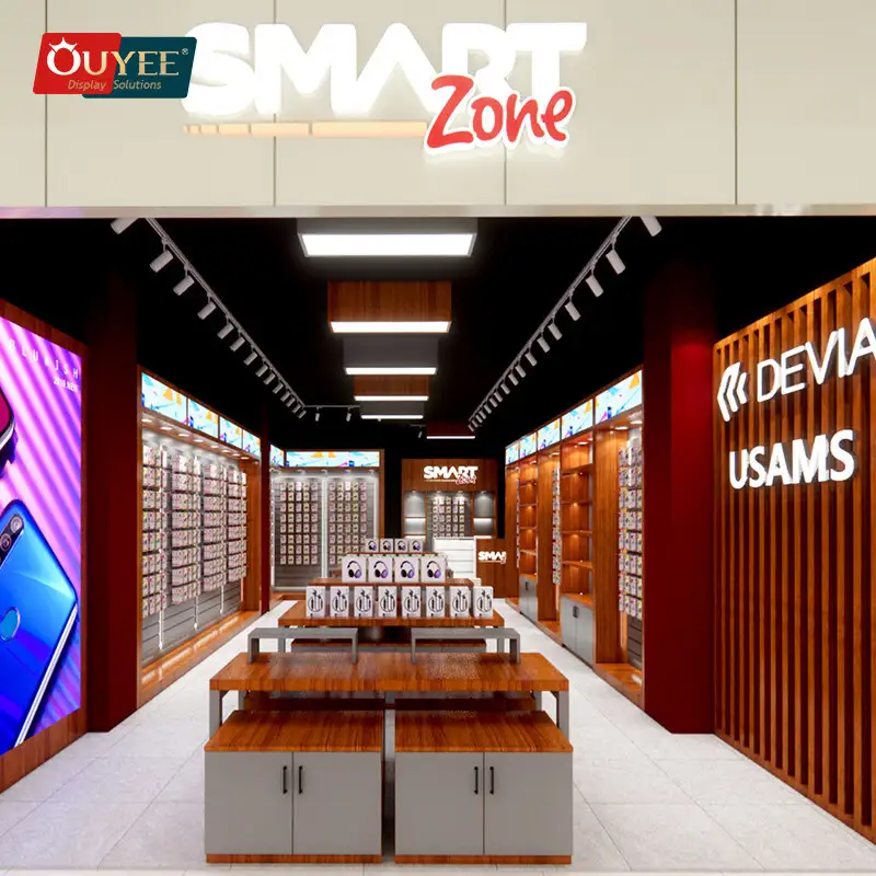 أثاث محلات إصلاح الهواتف المحمولة - جدار خشبي ذو شرائح ورف عرض 1