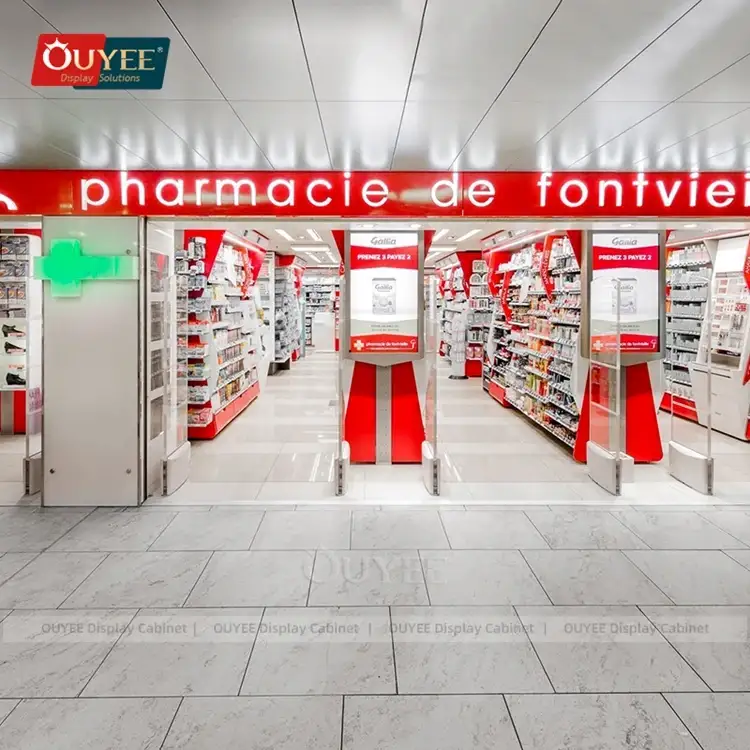 Prateleiras e estantes inclinadas para armazenamento em farmácias comerciais, vermelhas. 1