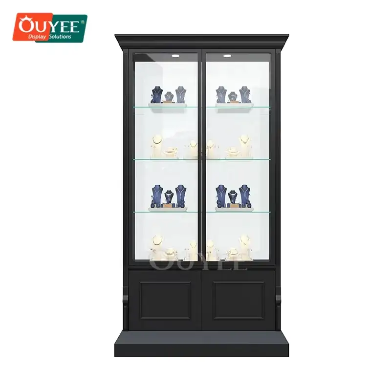 Vitrine de joias com moldura preta e portas de correr em vidro, iluminação LED e fechadura. 1