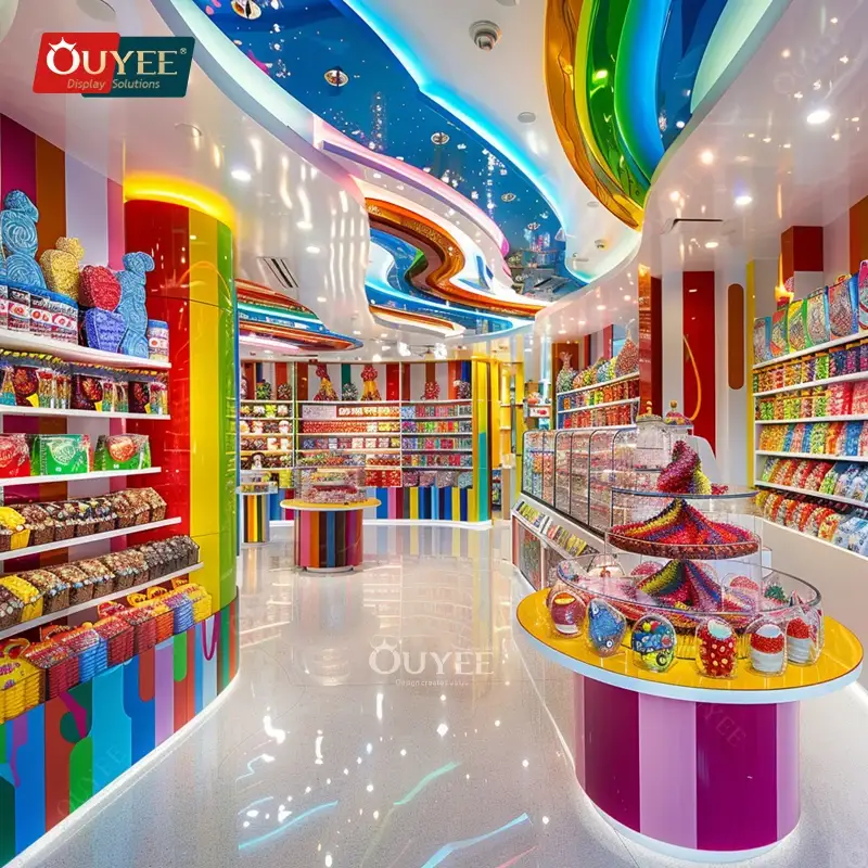 Balcão expositor de doces personalizado em madeira com prateleiras para varejo 1