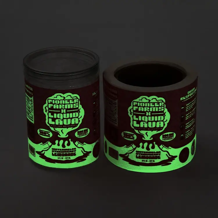 Etichette alimentari personalizzate in vinile fluorescente impermeabile che si illuminano al buio 1