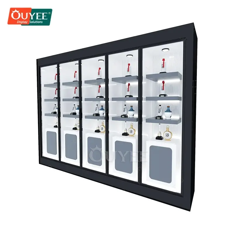 Vetrina portagioie in vetro nero con ante scorrevoli e ripiani 1