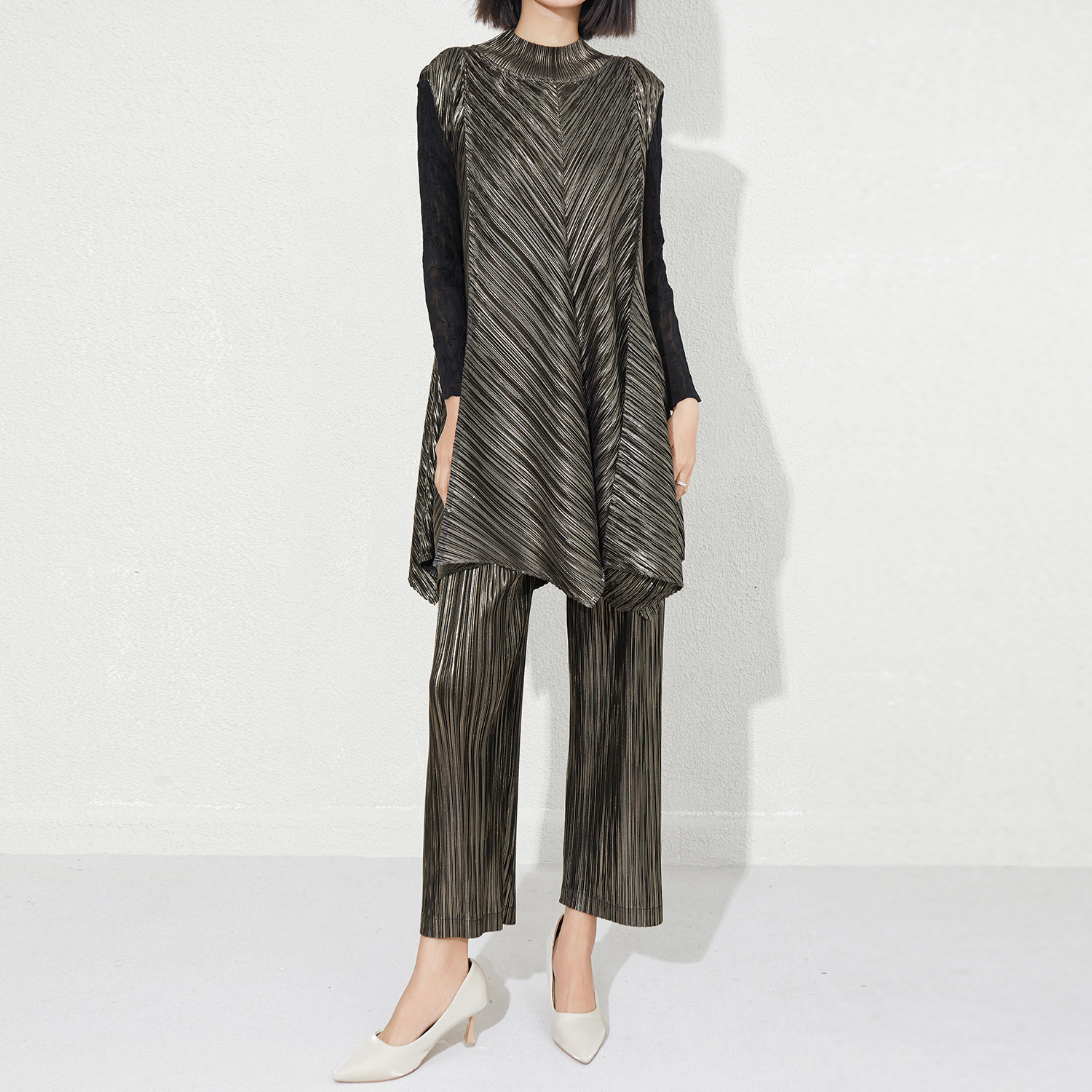 Прямые продажи с фабрики 2025 Новый женский комплект из двух предметов Miyake Pleated – Широкие брюки <000000> Повседневная длинная рубашка | Доступно OEM/ODM 13