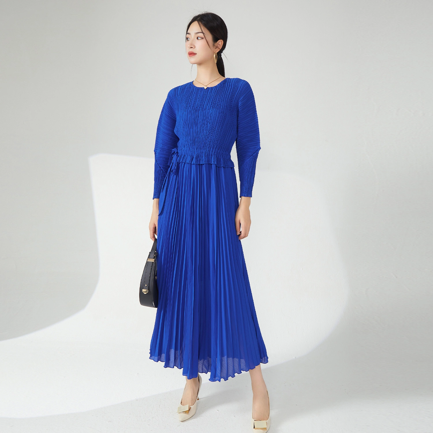 Pleats Clothing High Quality Women's Stretch Casual Dress New Pleated Temperament Solid Color Elegant Woven Fabric With Natural Waistline Wholesale Pricing Deals 1