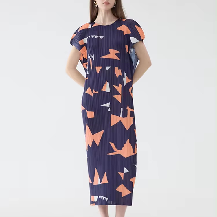 OEM Miyake schnelle Lieferung Neu gedrucktes lässiges Sommer langer lockerer Kleid Frauen Stoffe Kleid 1