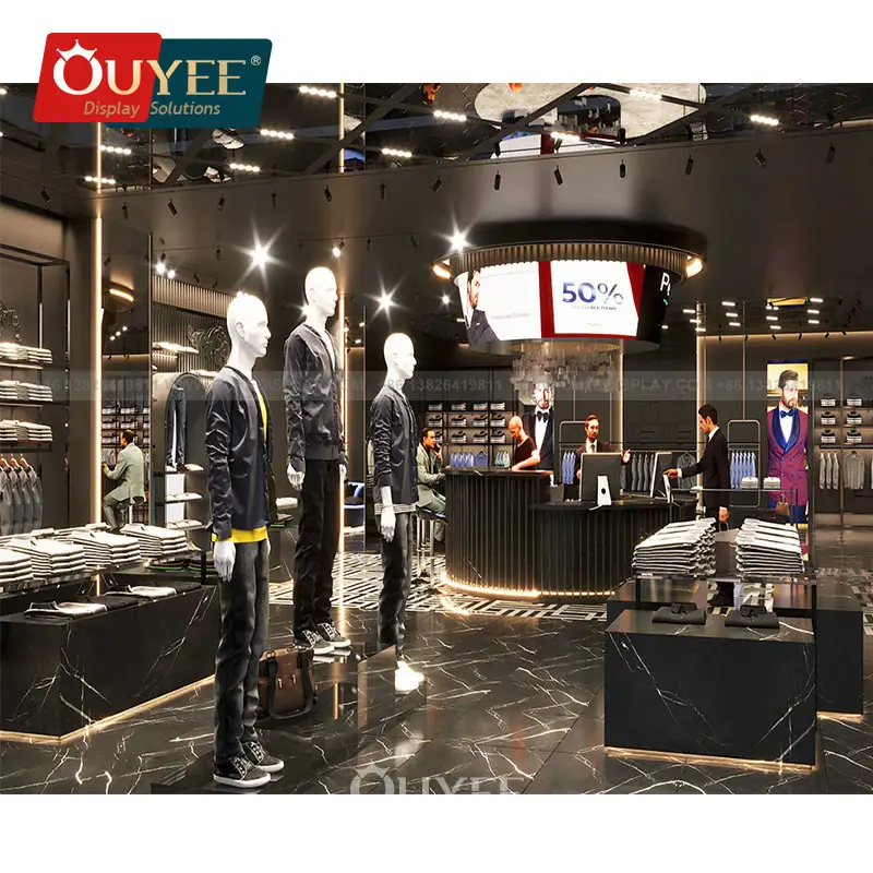 خزانة عرض خشبية ورف ملابس ذهبي لمتجر ملابس 1