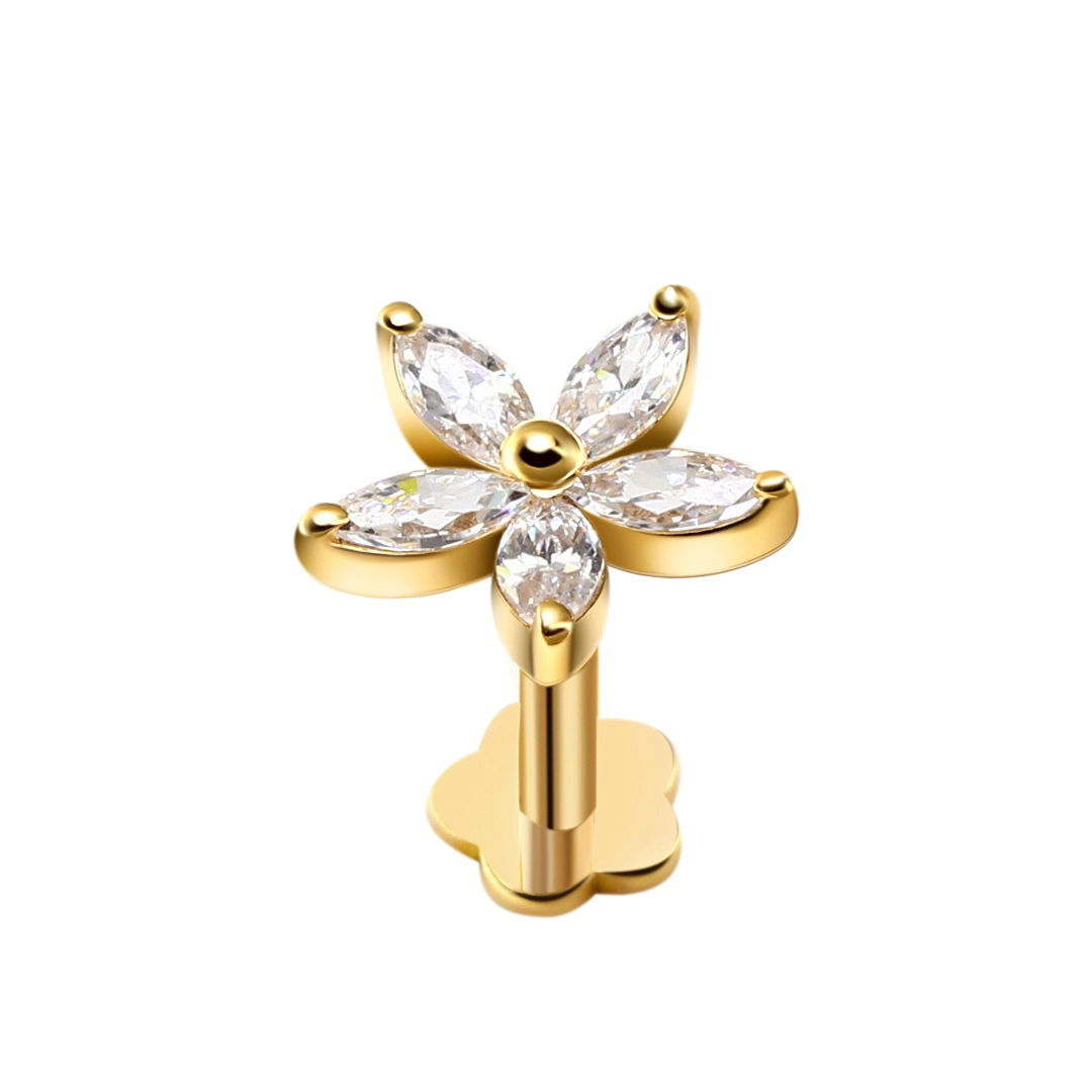 Eternal Metal 14k Gold Piercing 5 Marquise Cz Petals Flower Top Internally Threaded Labret 14k Gold Piercing Jewelry 1