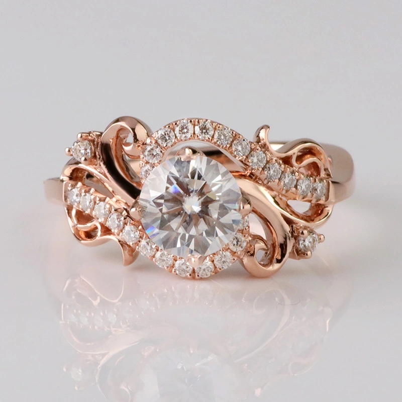 Beau design 1carat Center Round Moissanite Diamond 14k Rose Gold Petal Engagement Ring For Bride 1