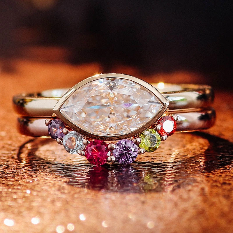 Joyas de Provence Anillo de compromiso de oro amarillo 14k/18K Gold Marquise Cut Moissanite Compromiso Anillos de anillo de banda de piedra colorida 1