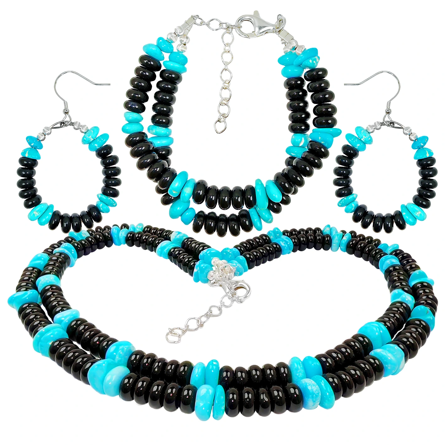 Obsidian S925 Silver Sterling Treatment Turquoise Create Set Double Design Unifies Style Comprehensively Fashionable Mysterious 1