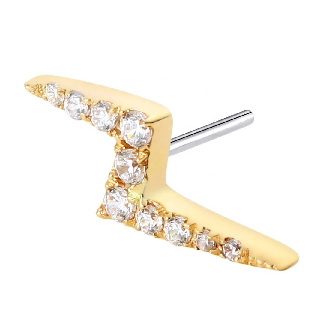 Eternal Metal 14k Solid Yellow Gold 5a Cz Paved Bolt Lightning Ear&nose Helix Tragus Threadless Push In Ends Tops 1