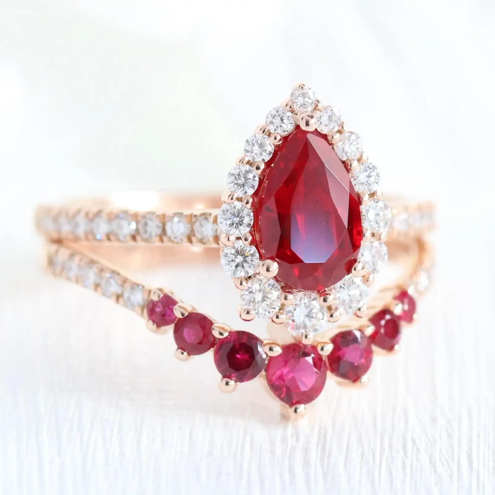 Tiara Halo Pave Bridal Set 5*8mm Pear Ruby And 7 Stone Wedding Ring In 14k Rose Gold Bride Wedding Rings 1