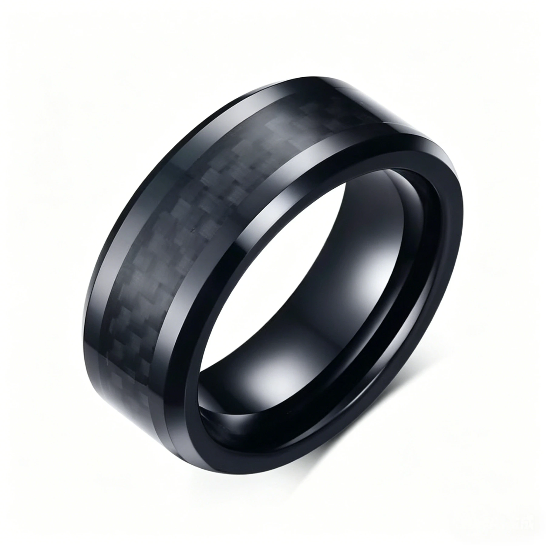 Anello in carburo di tungsteno nero da 8 mm, cinturino comfort con inserto in fibra di carbonio. 1