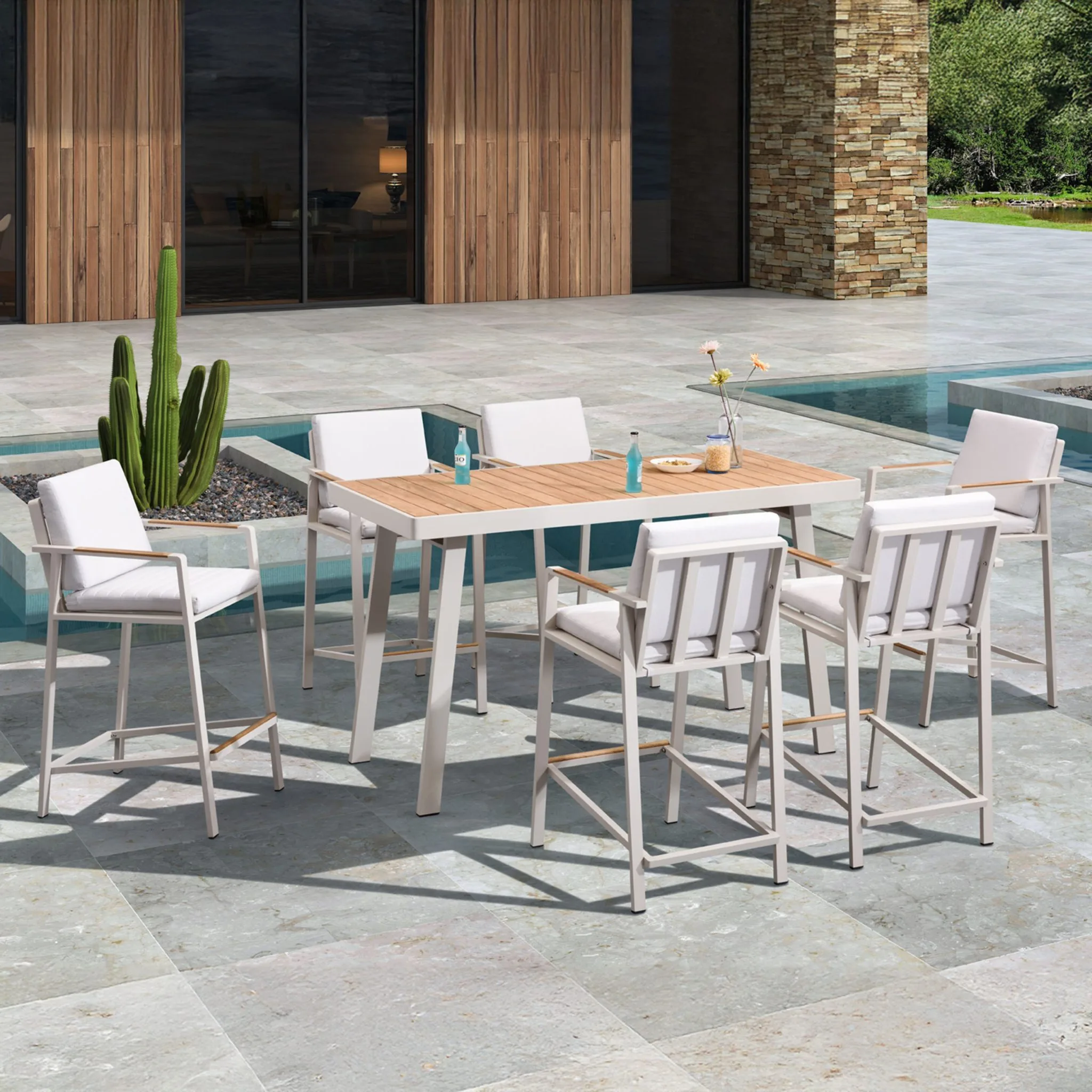 Ensemble repas de jardin imperméable pour balcon, grand fauteuil, mobilier d'hôtel moderne d'extérieur, 6 tabourets de bar avec accoudoirs et une table de bar 1