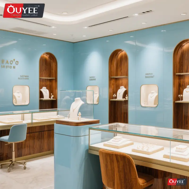 Banco espositivo per gioielli 3D in acciaio inossidabile e vetrina a parete in vetro 1