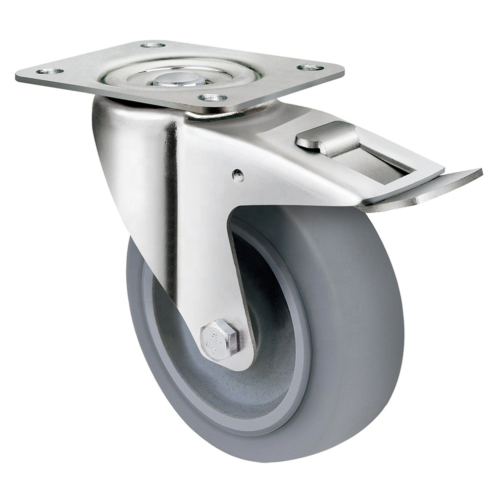 5 Inch Diameter Roller Bearing Industrial Heavy Duty Retractable Swivel Brake Elastic Rubber Caster Wheel 1