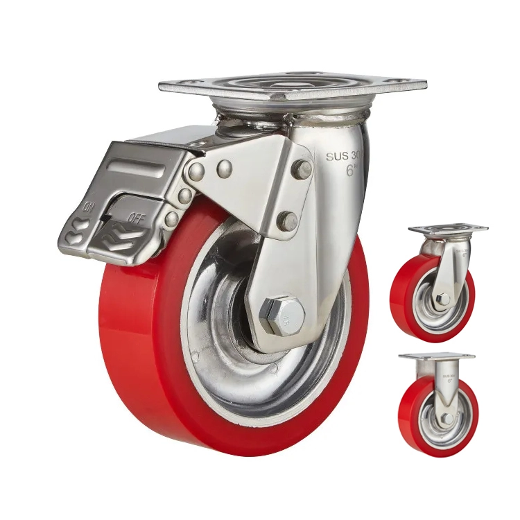 4 5 6 Inch Heavy Duty Trolley Swivel Caster Top Plate Red Pu Fixed Caster Wheel 1