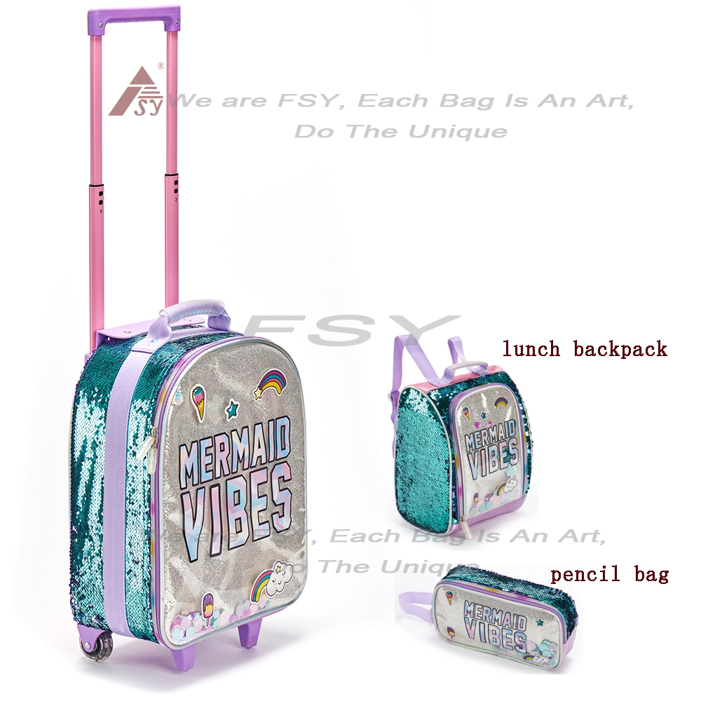 Kids Cartoon School Bags Wheels Sets With Lunch Pencil Bag Children Reversible Sequins 3 In 1 Trolley Backpack For Travel 1