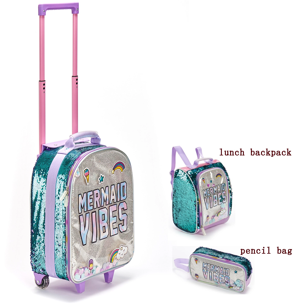 Kids Cartoon School Bags Wheels Sets With Lunch Pencil Bag Children Reversible Sequins 3 In 1 Trolley Backpack For Travel 1