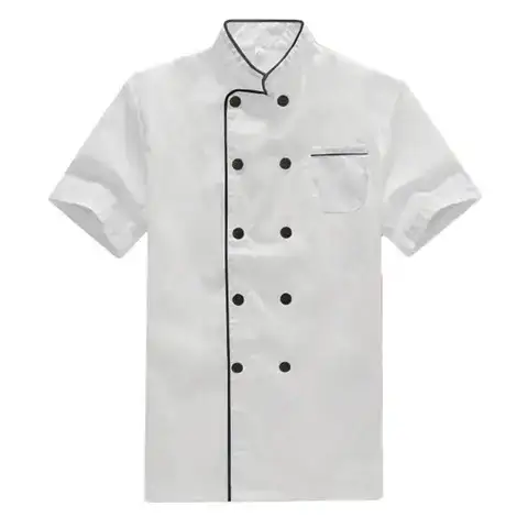 Uniforme de chef profissional de manga curta, feito sob medida, com botões e debrum pretos. 1