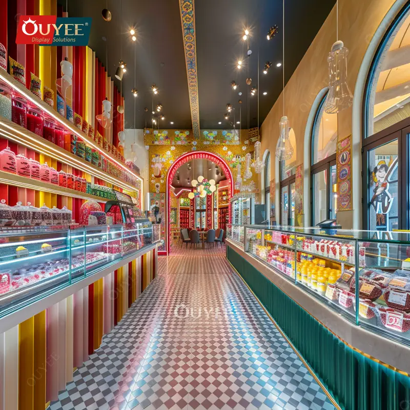 Individuell gestaltetes Schokoladenladen-Verkaufsregal aus Holz mit goldener Lackierung 1