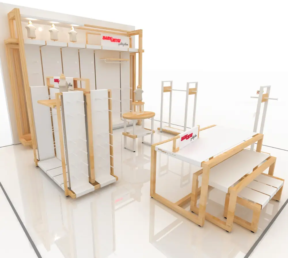 Maßgefertigte Kiosk- und Ausstellungsschränke für Babybekleidung in Kinderbekleidungsgeschäften 1