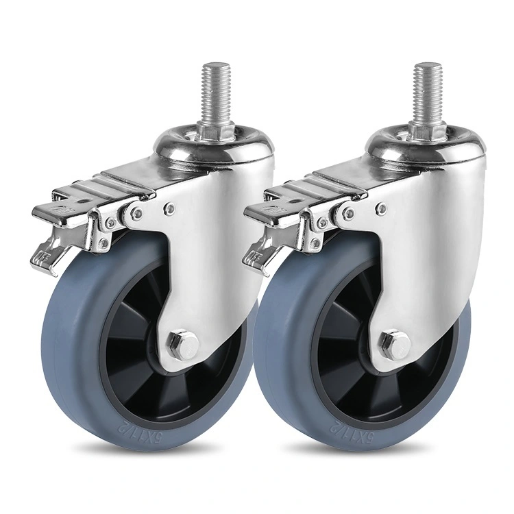 Mid Heavy Duty Black Hi-elastic Tpr Solid And Noiseless Double Bearing Rotary Plate Casters With Brake Lead Screw1 1