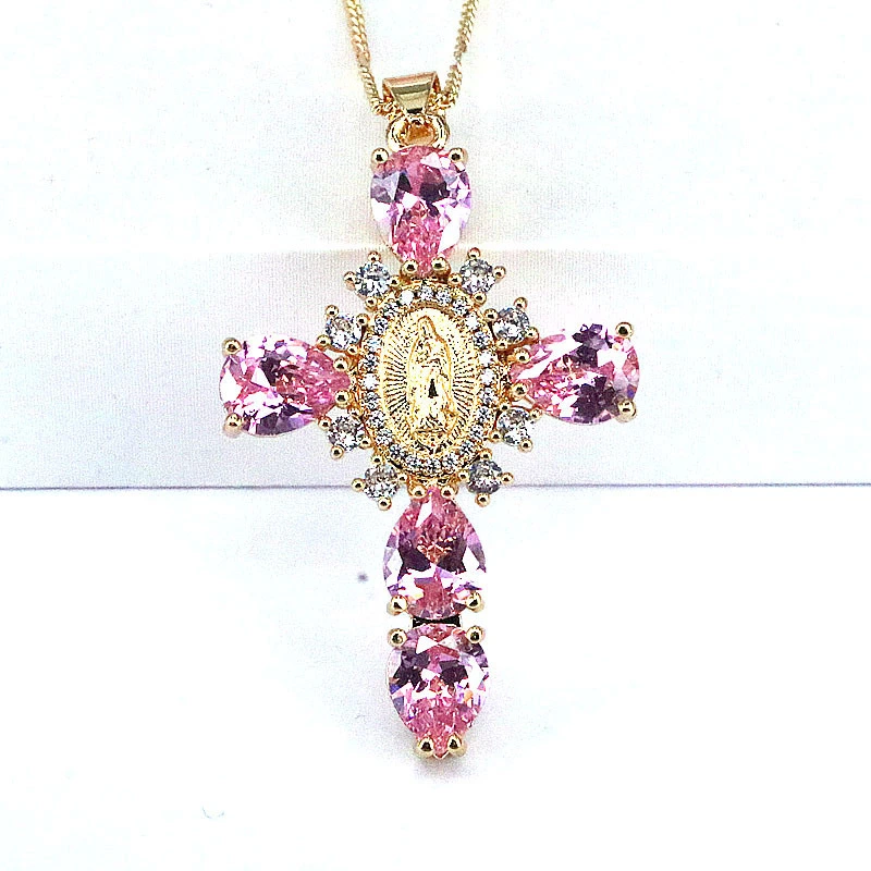 Fashionable Religious Belief Virgin Mary Colorful Necklace Cross Copper Plated Micro Set Zircon Pendant 1