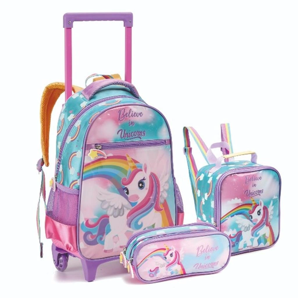 High Capacity Children Custom Unicorn Detachable Student Backpack Set Wheel Trolley School Bag With Lunch Bag 1