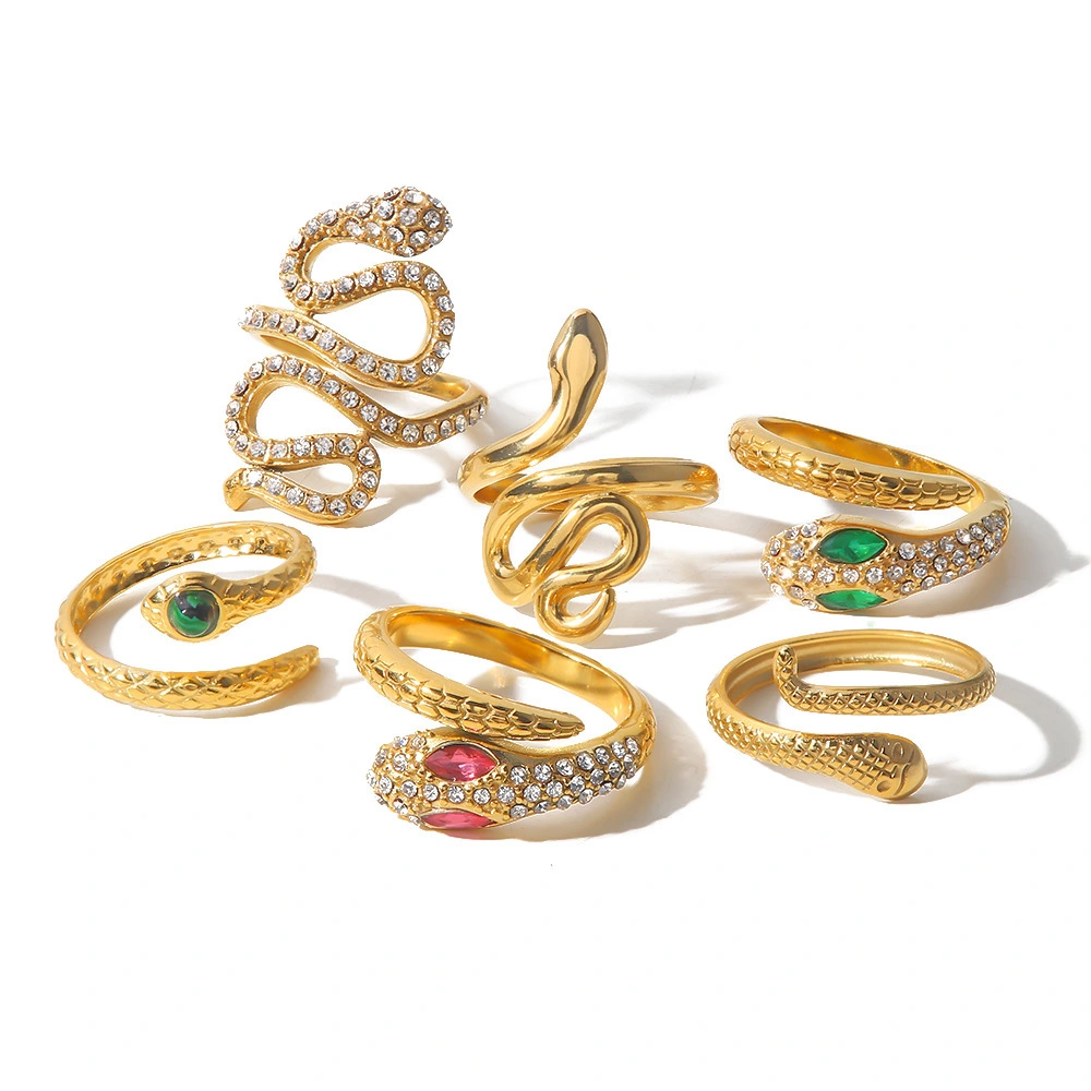European And American French Style Zircon Stainless Steel Non Fading Snake Shaped Opening Rings Jewelry Wholesale For Women 1