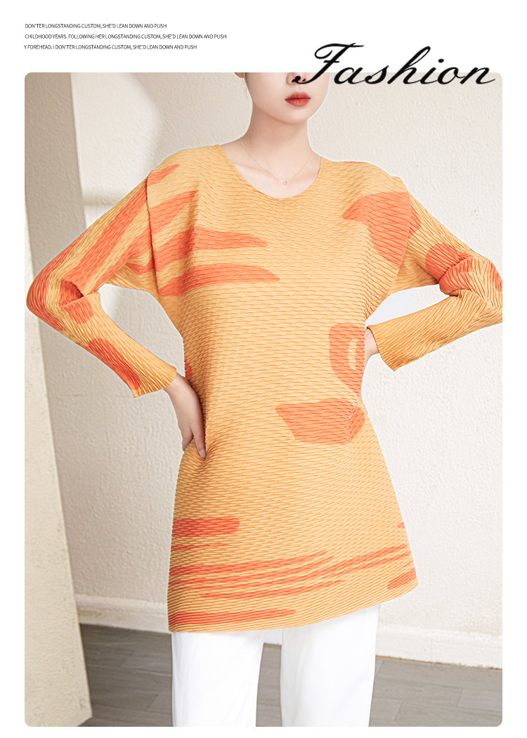 Wholesale Pleated Shirts – Private Label <000000> Custom Design High Quality Miyake Latest Design Pleated Top Women's Casual Style Fashion Printing Long-sleeved T-shirt 15