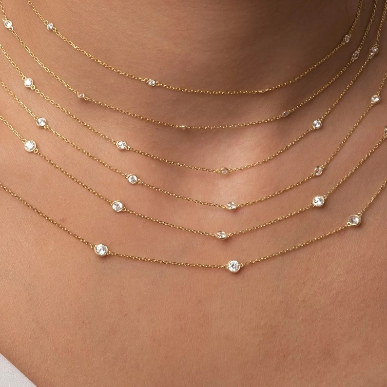 14k Gold 0.35 - 2 Ct Diamond By The Yard Necklace Birthday Gift Diamond Station Necklace 1