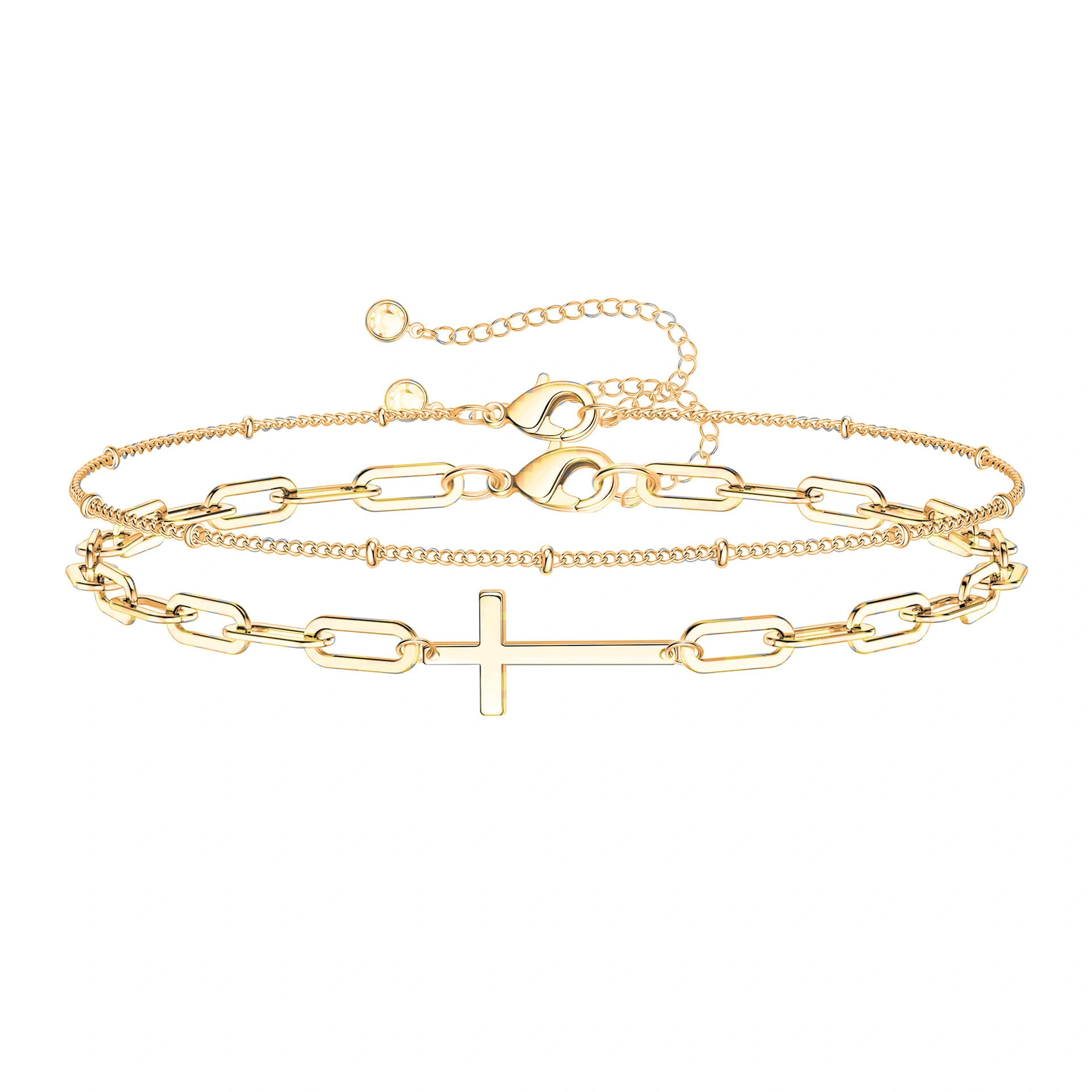 Paperclip Double-layer Clip Bead Stainless Steel Plated 18k Real Gold Multi-layer Chain Cross Women's Bracelet 1