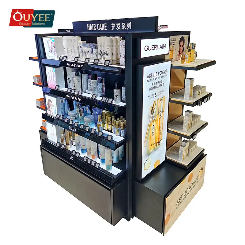 Maßgefertigtes Parfümerie-Präsentationsregal mit Gondel und Leuchtkasten 1