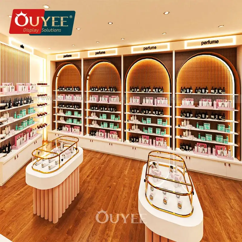 Ladeneinrichtung für Parfümerien: Duftständer aus Glas, Holz und Stahl 1