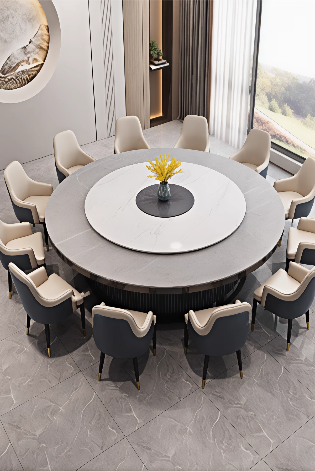 Elegant Round Marble Dining Table Set: Turntable - equipped Table + Padded Dining Chairs 1