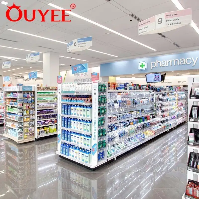 Comptoir de pharmacie en bois avec étagères pour magasin de détail 1