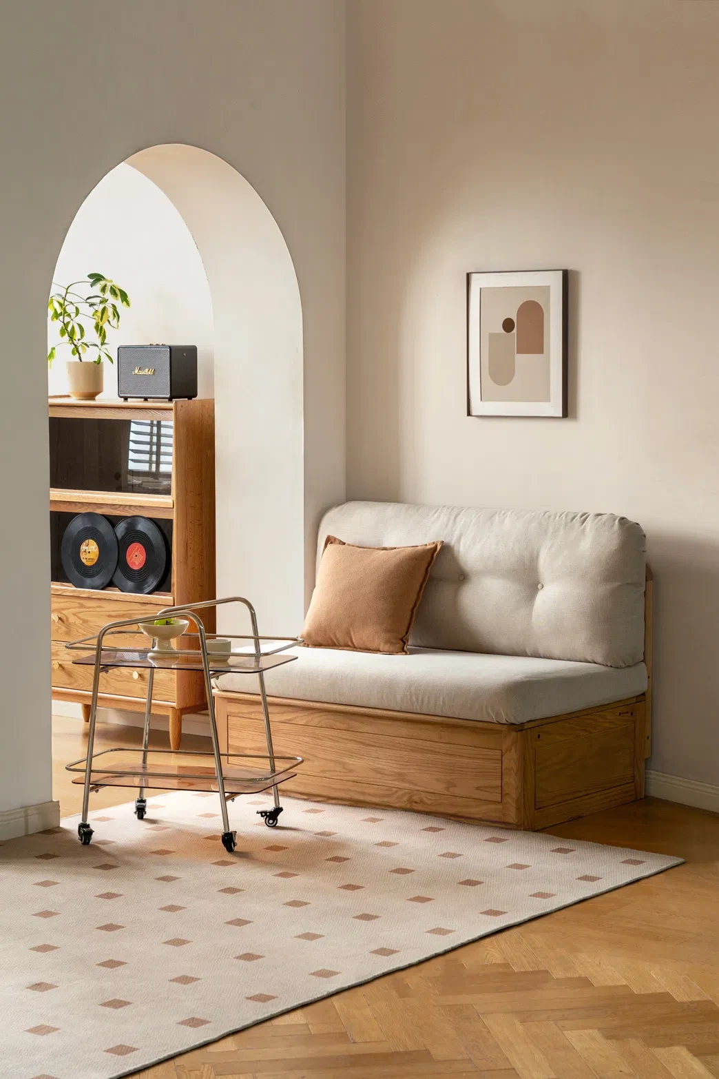 Moderne massief eikenhouten bank met elegant design en opbergruimte. 1