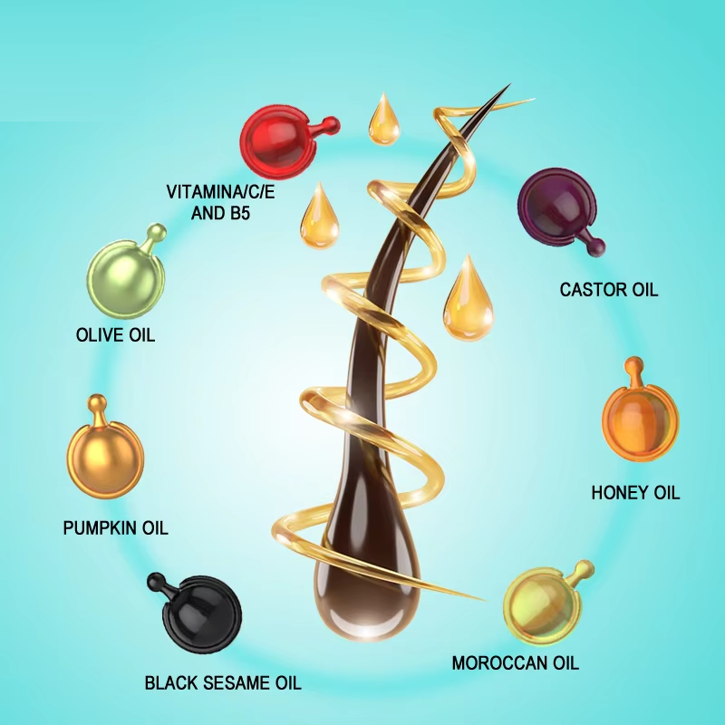 Cápsula de soro de colágeno natural de queratina marroquina, cabelos cacheados saudáveis, maciez sedosa, oliva essencial, vitamina gengibre, aminoácido 5