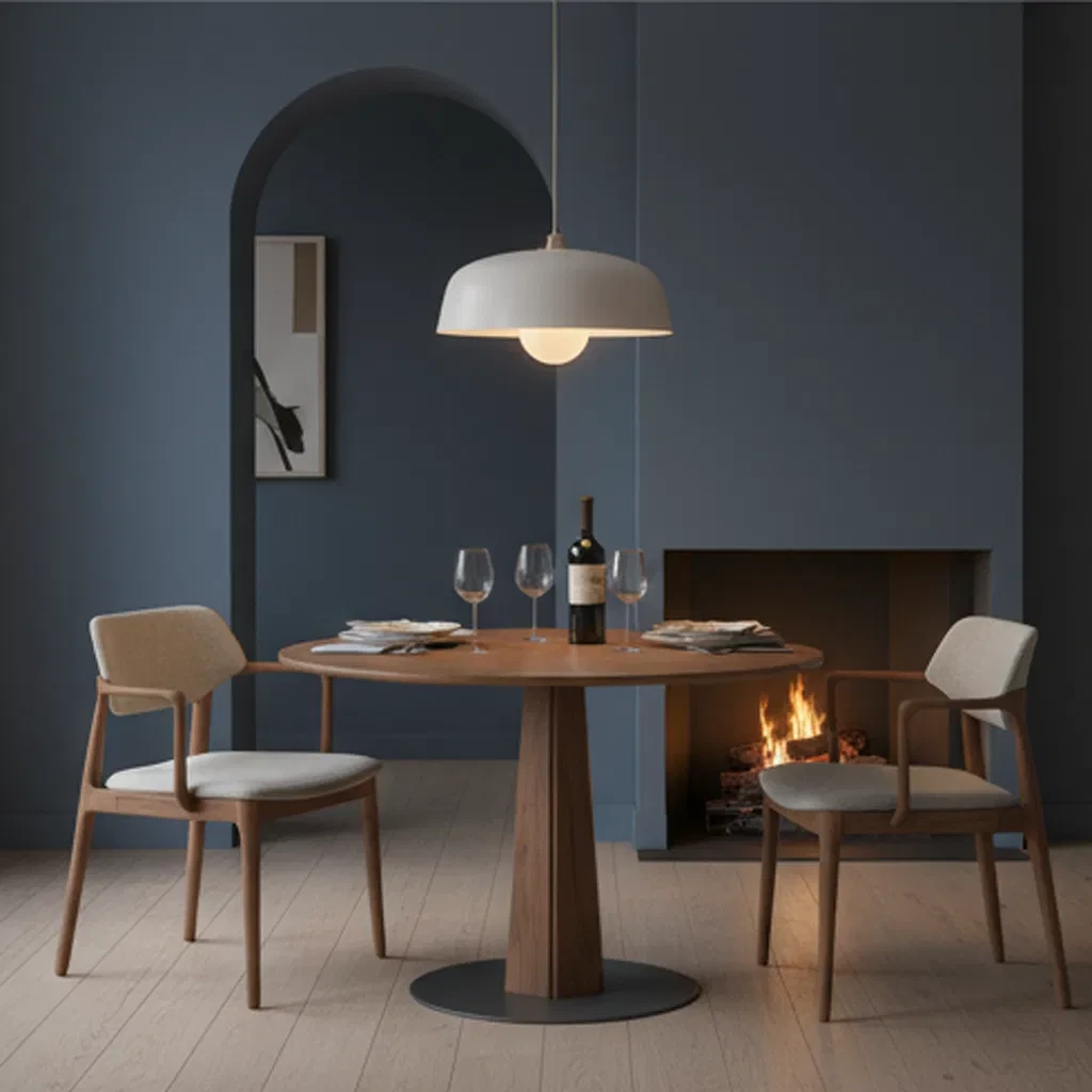 Mesa de jantar redonda escandinava em madeira maciça com base de luxo escandinava. 1