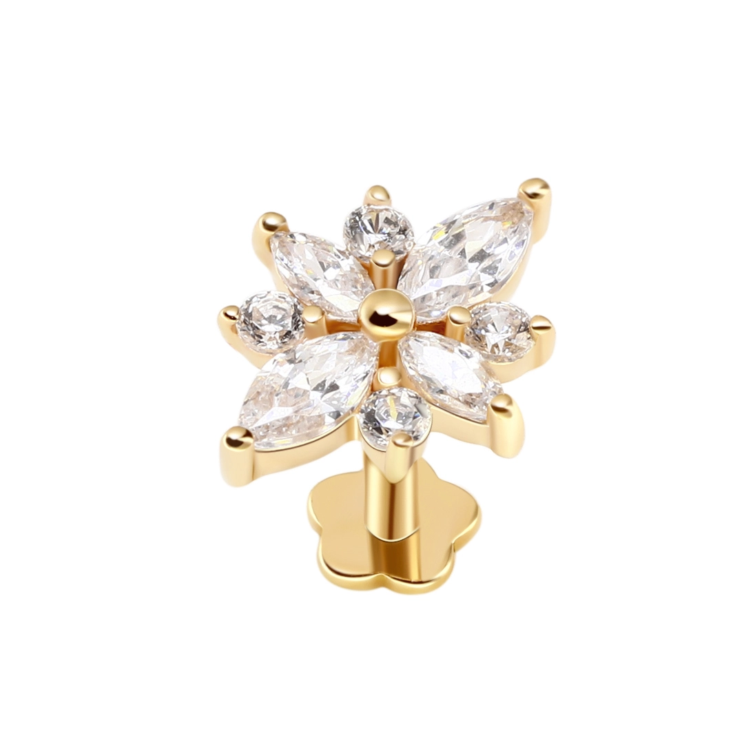 Eternal Metal 14k Gold Piercing 8 Cz Petals Flower Top Internally Threaded Labret 14k Gold Piercing Jewelry 1