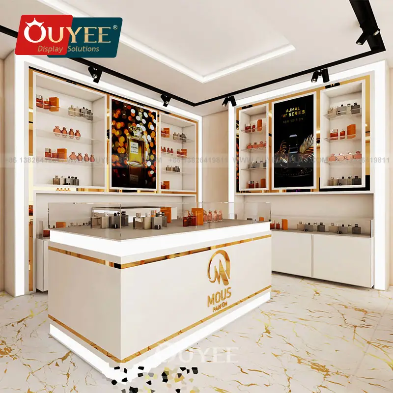 Parfümeriegeschäft 3D-Glaswandvitrine Weiße Duftschränke 1