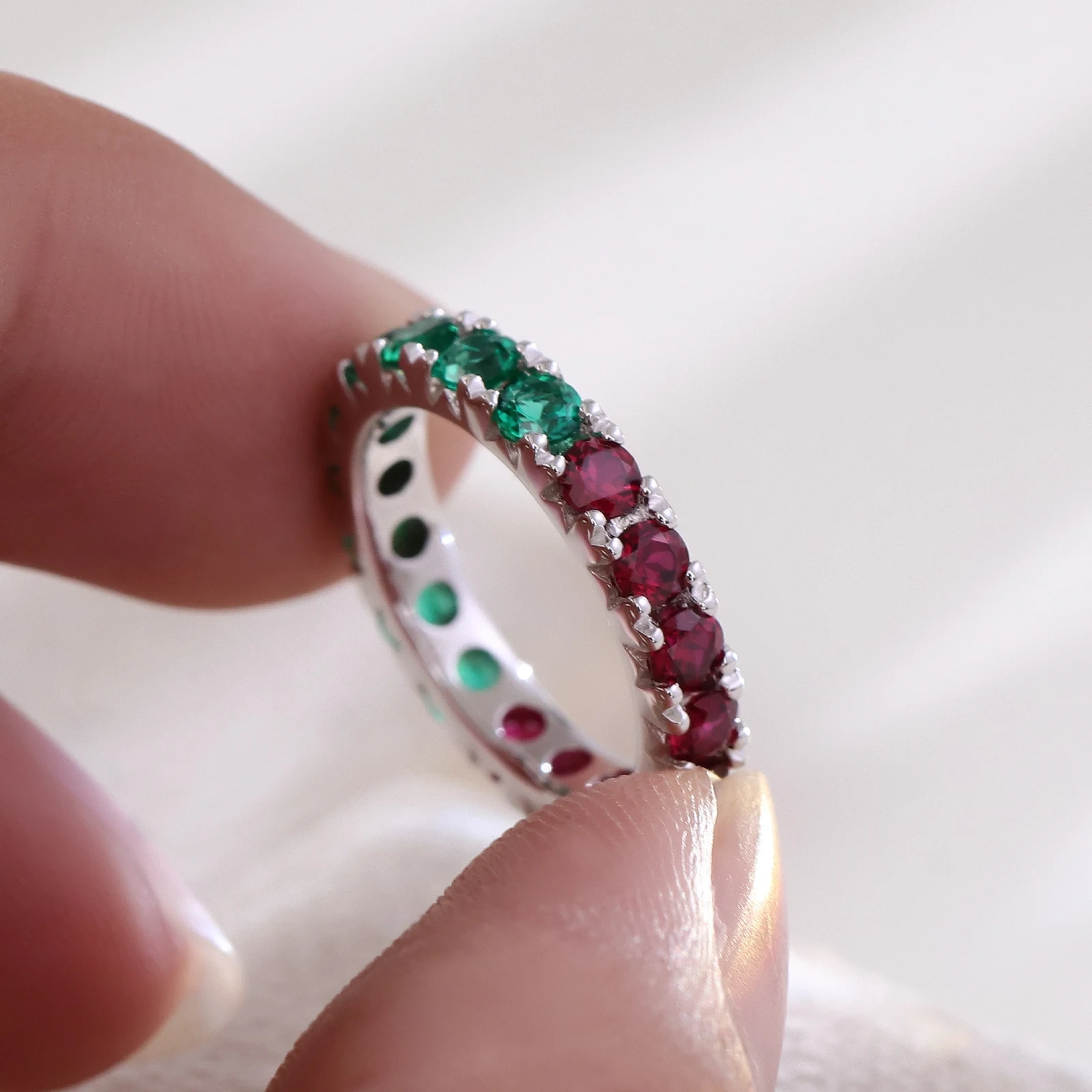 Women's Eternity Band 3mmlab Ruby Emerald Gemstone Ring French Prong 925 Sterling Silver Plated 18k White Gold Band Jewelry Gift 1