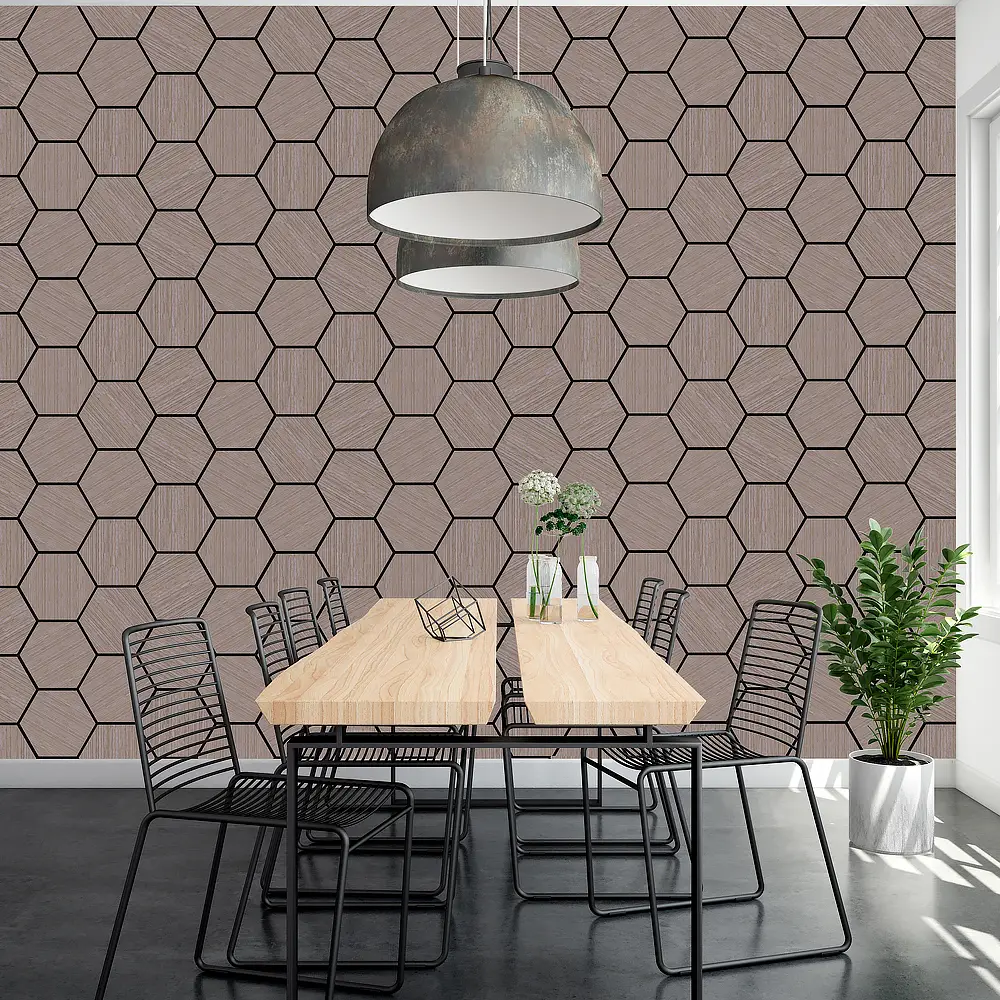 Hexagon Akupanel Wood Acoustic Slat Wall Panel Walnut Exterior with Natural Wood 1