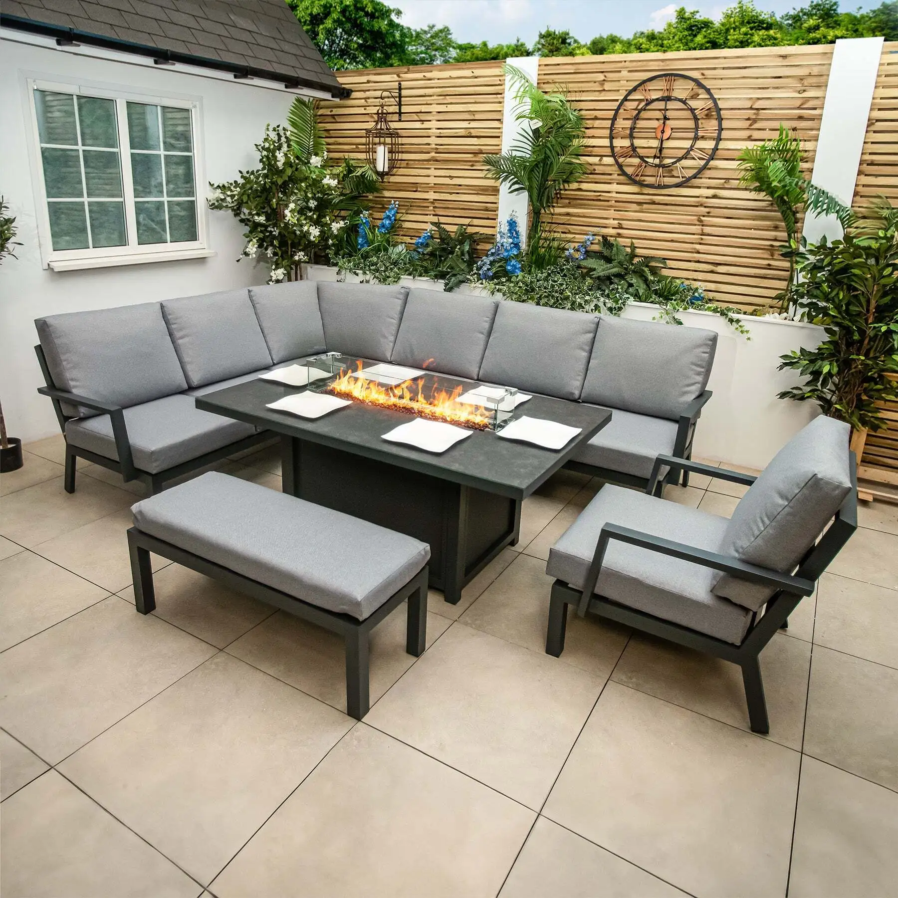Ensemble de mobilier de patio à montage rapide, canapé d'angle d'extérieur en forme de L, canapé de balcon avec pouf, canapé d'angle de jardin avec table foyer. 1
